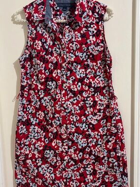 Tommy Hilfiger Red Floral Sleeveless Shirt Dress 100& cotton with POCKETS!